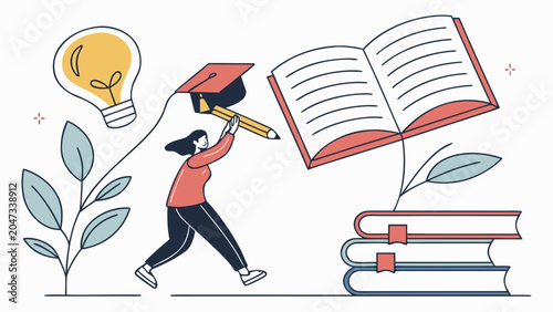 Tableau sur toile Student holding graduation cap and book illustration for academic motivation