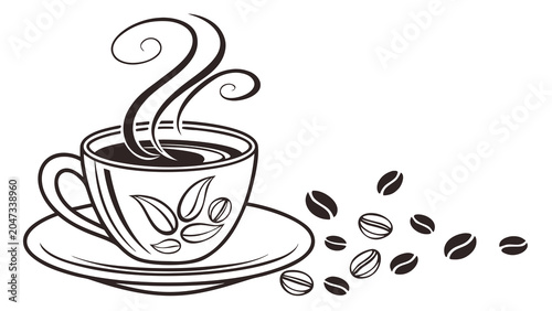 Billede på lærred Cup of hot coffee with steaming aroma and coffee beans beverage caffeine