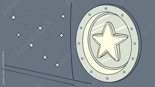 Quadro su tela Space ship porthole window view of floating star with sci fi, science fiction