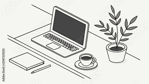 Minimalist home office workspace with laptop and potted plant, workspace