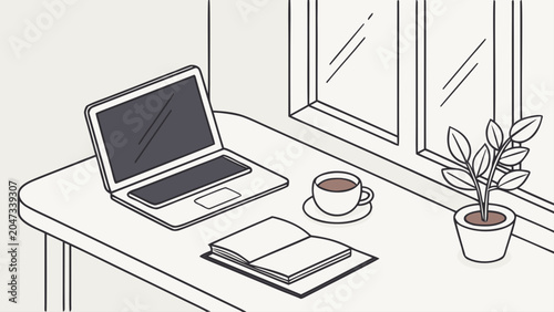 Modern workspace near window with open laptop and plant workspace computer