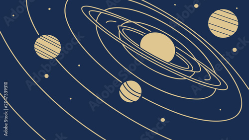 Minimalist cosmic solar system illustration with orbiting planets, universe