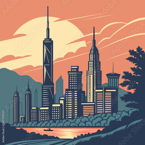 Sunset city skyline and river landscape graphic illustration with landscape
