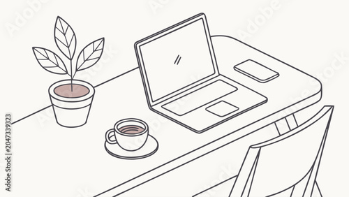 Minimalist desktop setup with laptop and coffee cup workspace computer