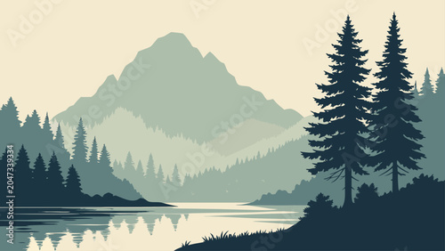 Serene mountain forest landscape with reflective lake mountain landscape