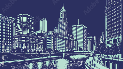 Nighttime city skyline illustration with river reflection nocturnal reflection
