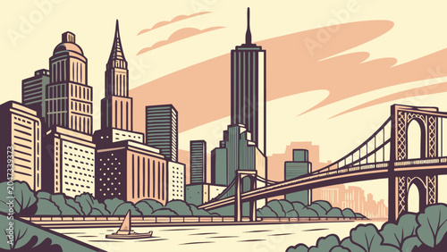 City skyline with bridge and river graphic illustration architecture buildings