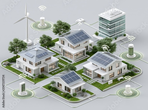 3D Ecology Concept. Energy saving
concept. Green energy illustration set.
Modern eco private house with solar
energy panels and smart home technology. Renewable energy concept.