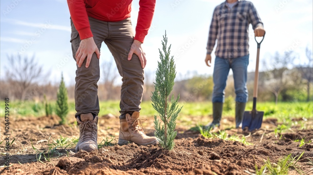 Fototapeta premium Gardeners planting young evergreen sapling in fertile soil. Environmental restoration and reforestation project in rural field.