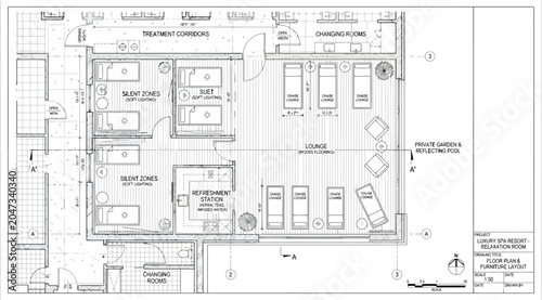 Architectural floor plan for luxury spa resort relaxation room