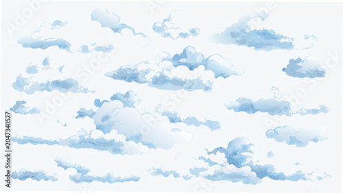 Obraz na plátně A collection of watercolor clouds in shades of pale blue arranged against a whit