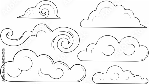 Canvastavla Variety of cloud shapes rendered as line art on a white background showcasing di