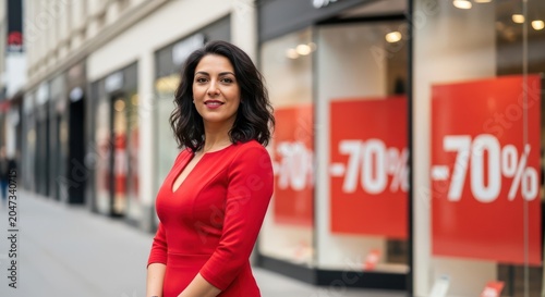 Confident middle aged woman in red dress standing in front of retail store window with big sale discount signs representing consumerism and shopping deals