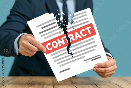 3D Contract cancellation business concept. Terminated tearing contract paper sheet breach 3D style design vector illustration. Tearing contract papers. Broken contract vector or breach of agreement