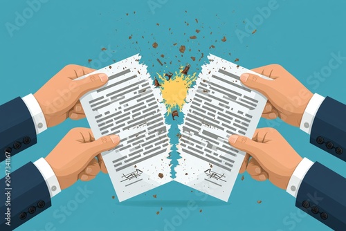 3D Contract cancellation business concept. Terminated tearing contract paper sheet breach 3D style design vector illustration. Tearing contract papers. Broken contract vector or breach of agreement