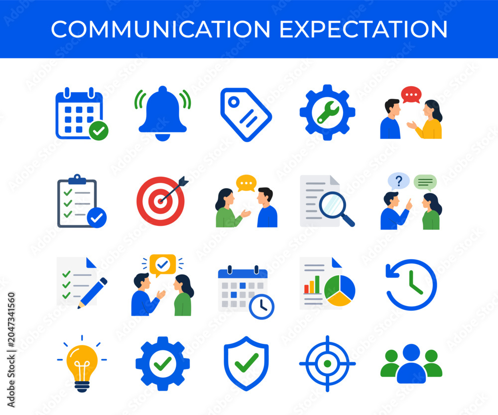 Fototapeta premium Expectation Management and Team Alignment Flat Vector Illustration Set for Business Communication and Workplace Collaboration