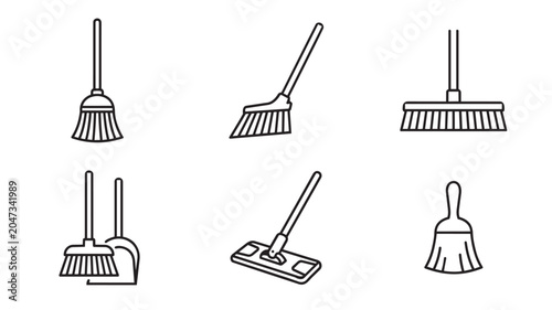 Set of cleaning broom and mop icons for household chores vector