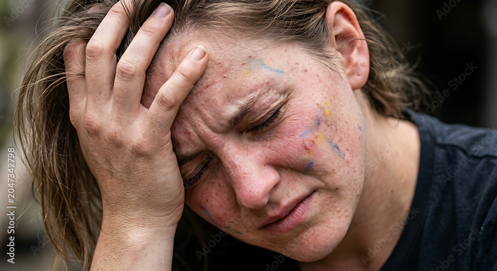 Fototapeta premium Close-up portrait of a woman with colorful paint and dirt on her face, showing deep despair and emotional exhaustion
