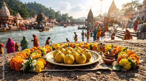 Ganga dussehra celebration with sweets and flowers at the river bank