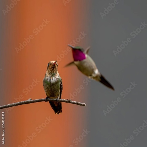 Two Hummingbirds with One Perched on a Branch and Another in Flight against a Blurred Background