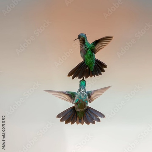Two Iridescent Green Hummingbirds in Flight with Wings and Tails Spread