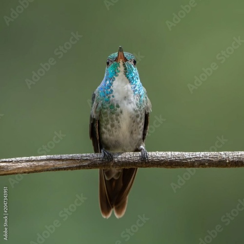 Close up portrait of a colorful hummingbird perched on a branch against a soft green background