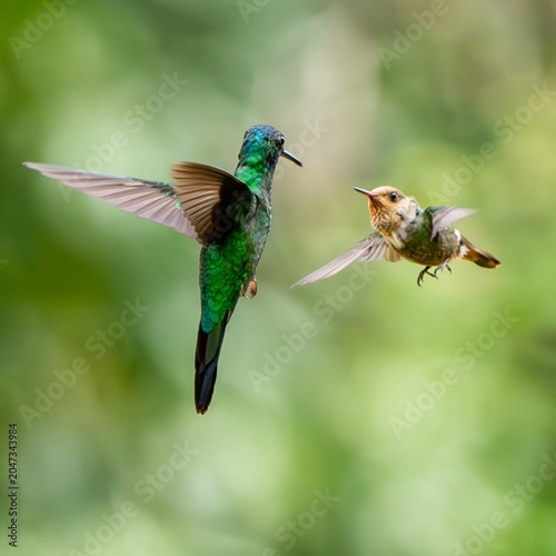 Two Hummingbirds Interacting in Mid Air with Blurred Green Background