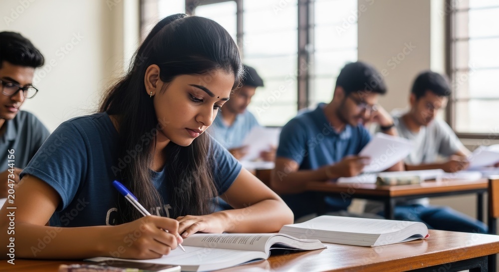 Fototapeta premium Focused young Indian female student writing in notebook during university exam in classroom with diverse classmates studying in background for academic success concept