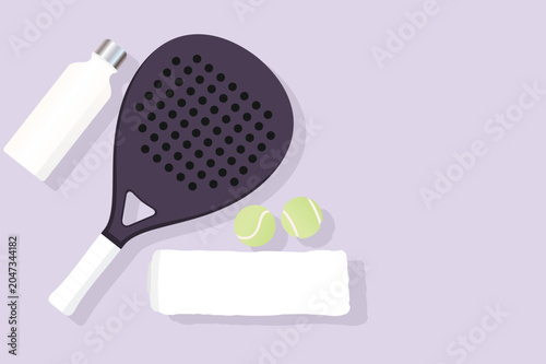 Padel Tennis Equipment Flat Vector Illustration with Racket Balls and Water Bottle