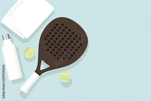 Padel Tennis Equipment Flat Vector Illustration with Racket Balls and Water Bottle