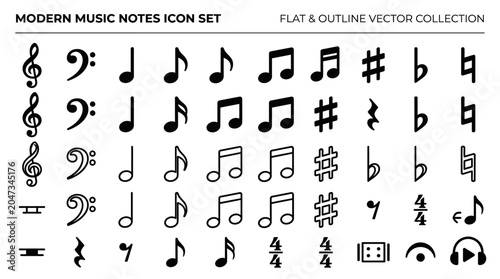 Music Notes Icons Set – Black Musical Notes Symbol Vector Collection
