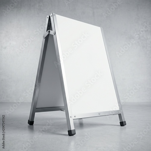 Blank white A-frame sandwich board sign with a silver metal frame standing on a concrete floor against a grey wall, ready for custom advertising.