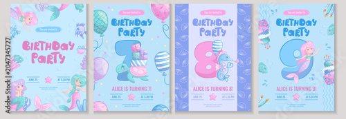 A set of children's birthday invitations with cute sea creatures. Turtle, seahorse, little mermaid. 7, 8, 9 years old. Vector illustration.