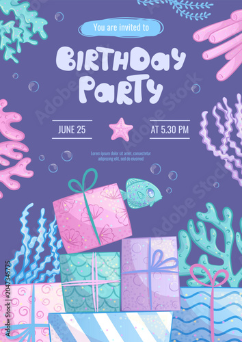 Design a children's birthday invitation with gift boxes in the underwater world style. Vector illustration.
