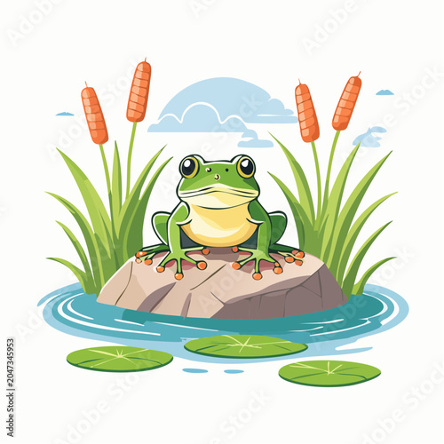 Cute Cartoon Frog Sitting on a Rock in a Pond
