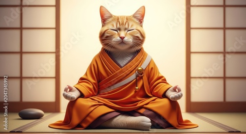 An adorable ginger cat wearing traditional orange monastic robes sits in a peaceful lotus position, meditating with eyes closed in a zen room, fluffy, lotus position, atmosphere