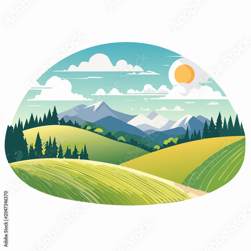Stylized Landscape with Rolling Hills, Mountains, and Sun