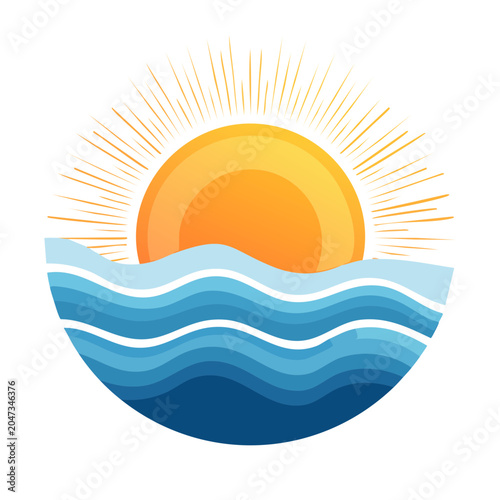 Stylized sun rising over ocean waves