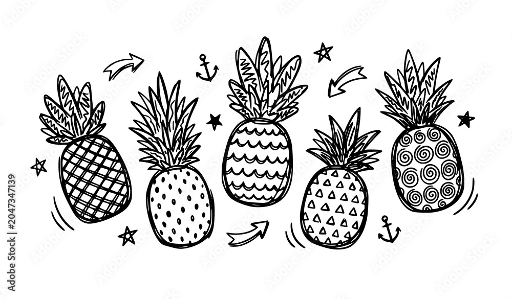 Fototapeta premium Pineapple Doodle Vector Set with Five Tropical Fruit Illustrations