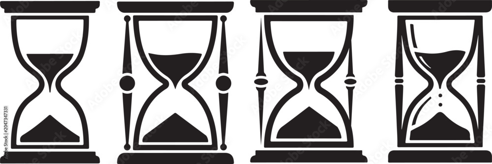 Fototapeta premium Hourglass time icons, sand clock symbols, deadline countdown set, and vintage timer vector collection.