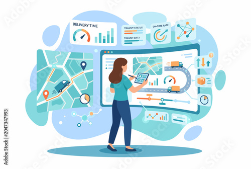 Logistics Analyst Monitoring Delivery Data on Digital Dashboard