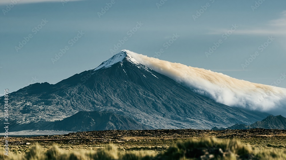 Fototapeta premium Majestic symmetrical volcanic mountain peak rising above golden cloud bands for travel agency promotion, nature landscape advertising and eco tourism marketing