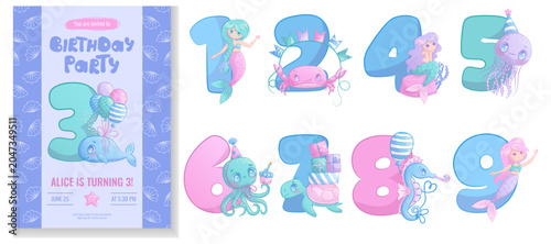 A template for a children's birthday invitation with cute sea creatures. Whale, crab, seahorse, little mermaid, jellyfish, octopus, turtle. From 1 to 9 years old. Vector illustration.