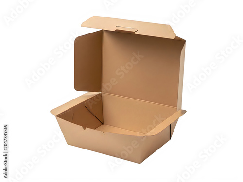 Open cardboard takeout container with lid removed