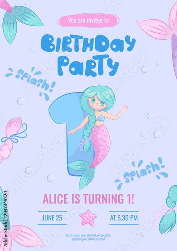 Design a children's birthday invitation with a cute mermaid. 1st anniversary party, birthday, celebration, congratulations, invitation concept. Vector illustration.