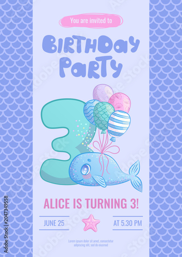 Design a children's birthday invitation with a cute cartoon blue whale with balloons. 3rd anniversary party, birthday, celebration, congratulations, invitation concept. Vector illustration.