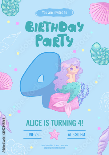 Design a children's birthday invitation with a cute mermaid sitting on a rock and seashells. 4th anniversary party, birthday, celebration, congratulations, invitation concept. Vector illustration.