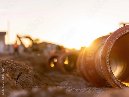 Large concrete sewer pipe sections lying in a dirt trench on a construction site for civil engineering works, infrastructure development and utility installation