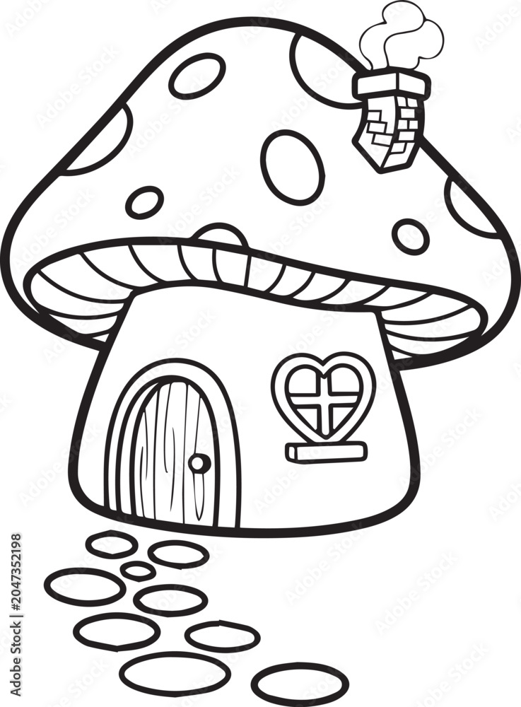 Fototapeta premium Cute Mushroom House Coloring Page for Kids, Fantasy Fairy Tale Coloring Book Illustration