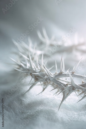 A crown of thorns lying on a white linen surface.